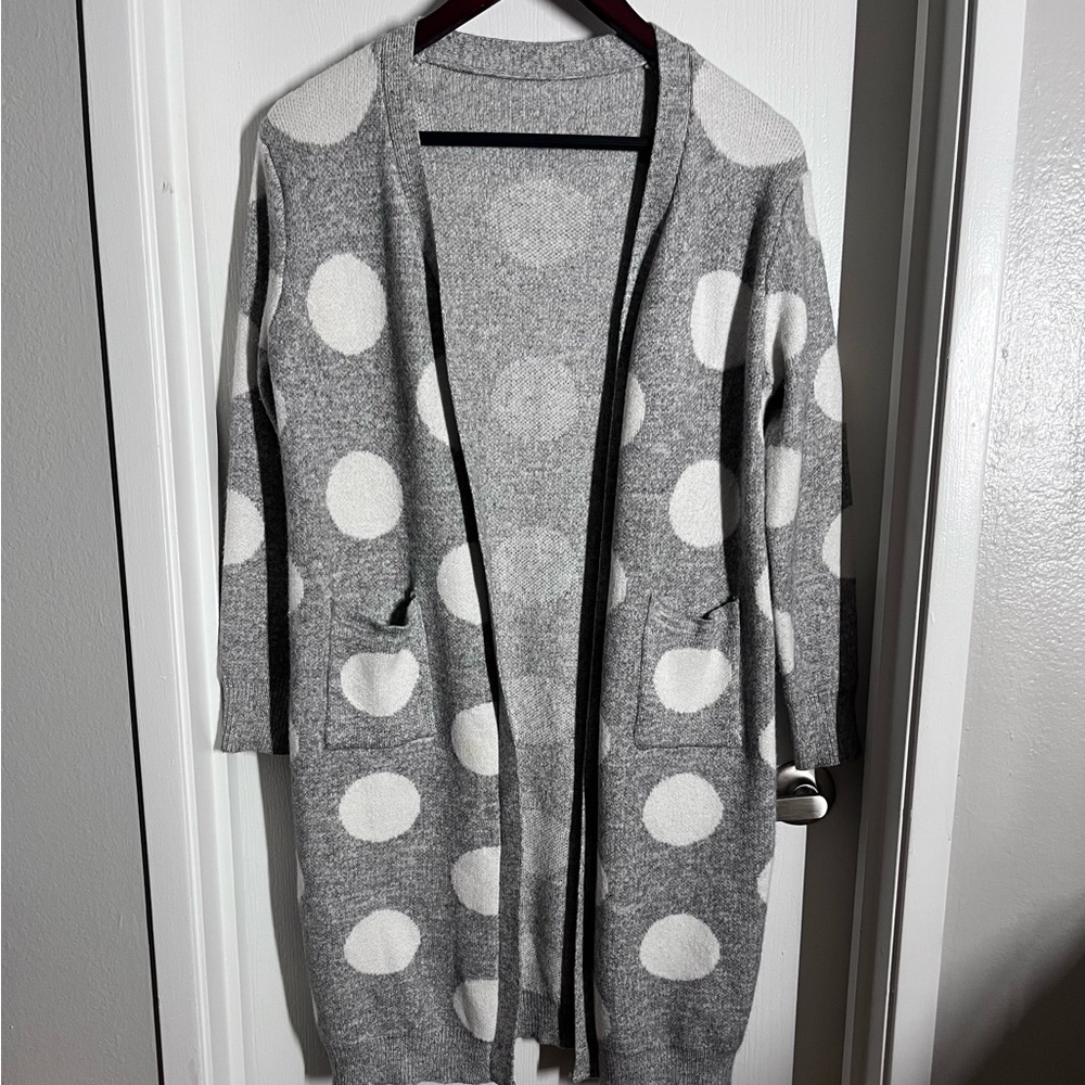 Sensational Gray and White Polka Dot Long Cardigan Sweater